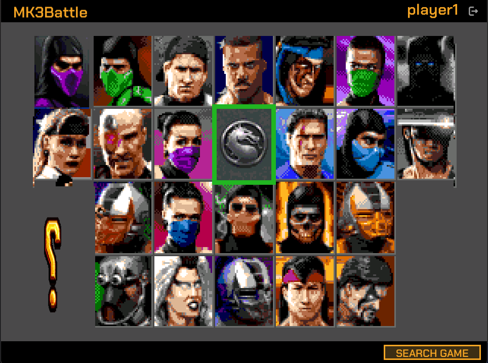 MK3Battle fighter select: the Mortal Kombat 3 roster, with a SEARCH GAME button.